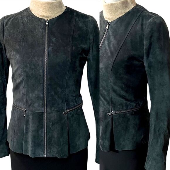 Suede Leather Peplum Hem Jacket Size XS/Small in Hunter Green - Picture 2 of 12